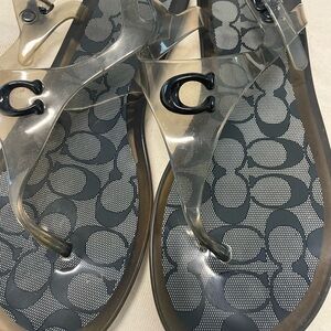 Coach Transparent Jelly Thong Sandals with Black Logo on Gray Signature Footbed